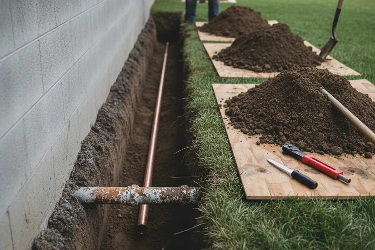 Excavated water line trench during Water Heater Repair in Burden